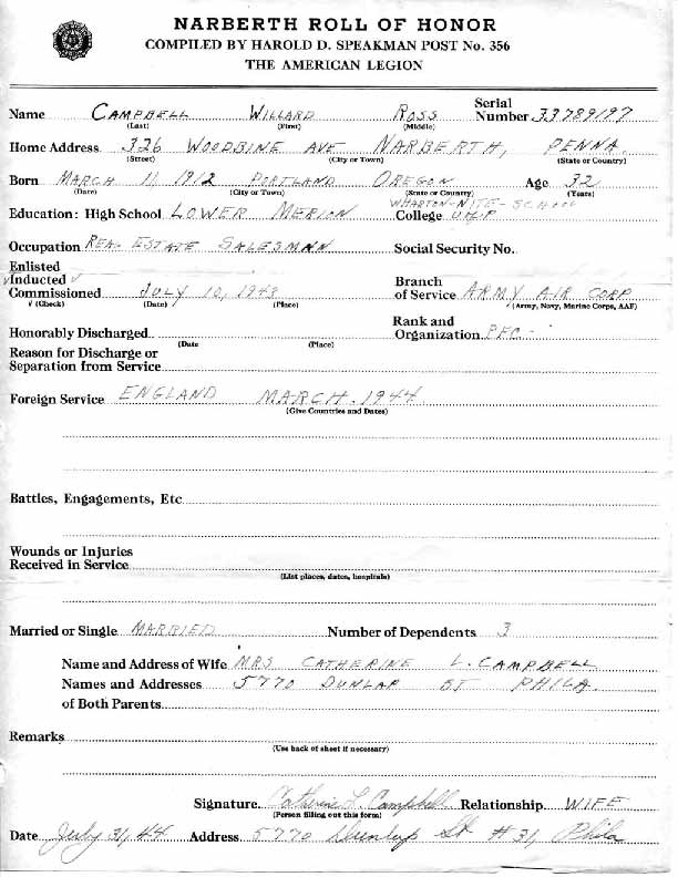 Roll of honor form for Willard Campbell