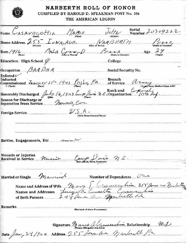 Roll of honor form for Mario Casavecchia