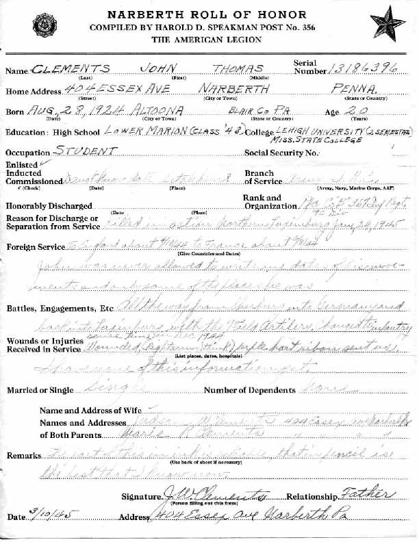 Roll of honor form for John Clements