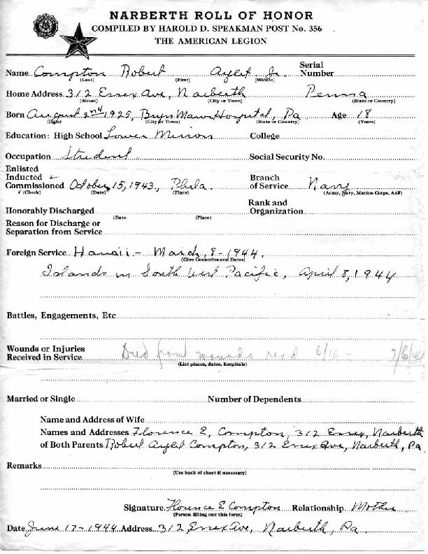 Roll of honor form for Robert Compton