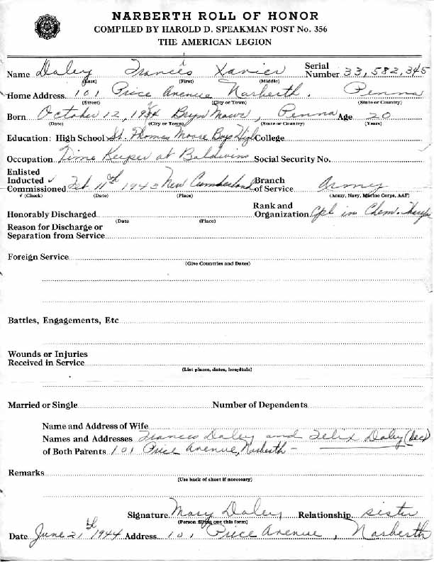 Roll of honor form for Francis Daley