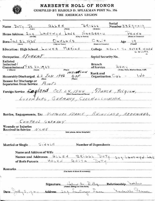 Roll of honor form for Allen Doty
