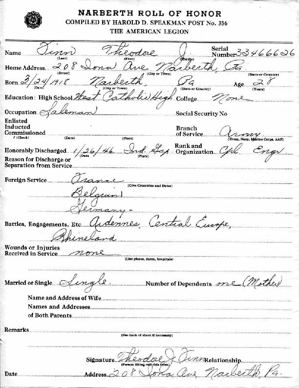 Roll of honor form for Theodore Finn