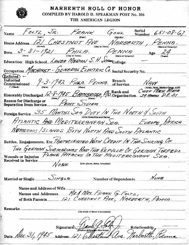 Roll of honor form for Frank Foltz