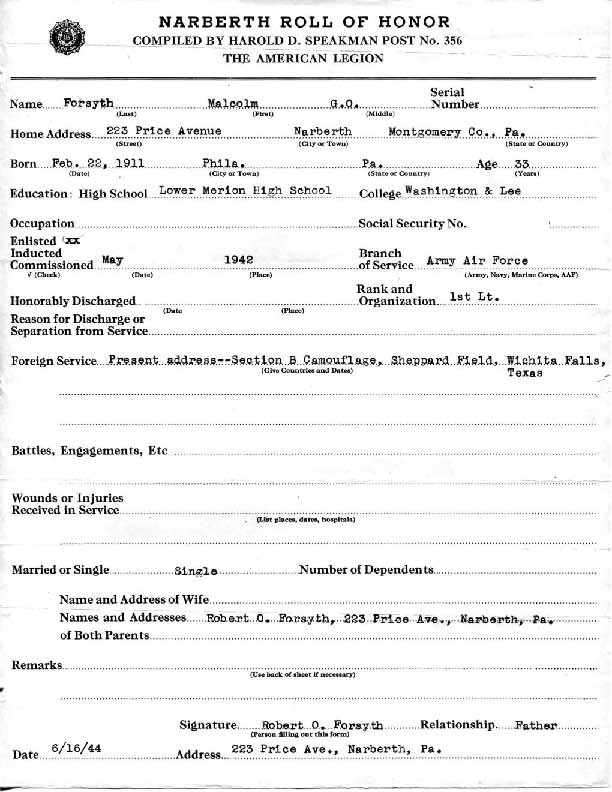 Roll of honor form for Malcolm Forsyth, front