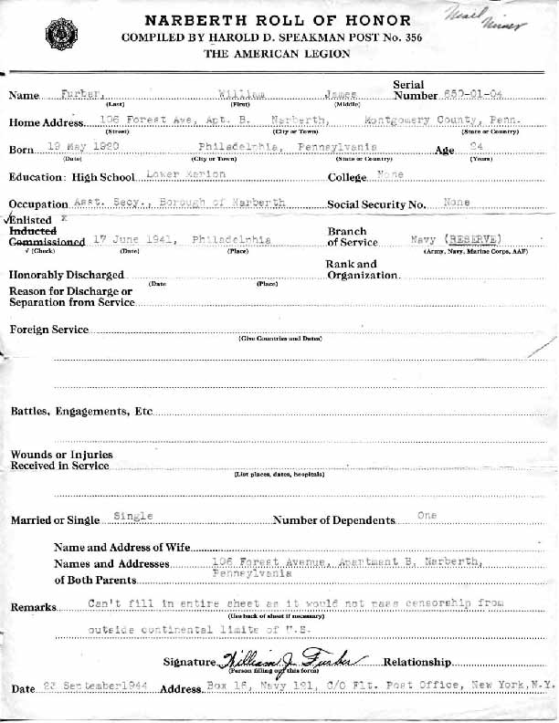 Roll of honor form for William Furber