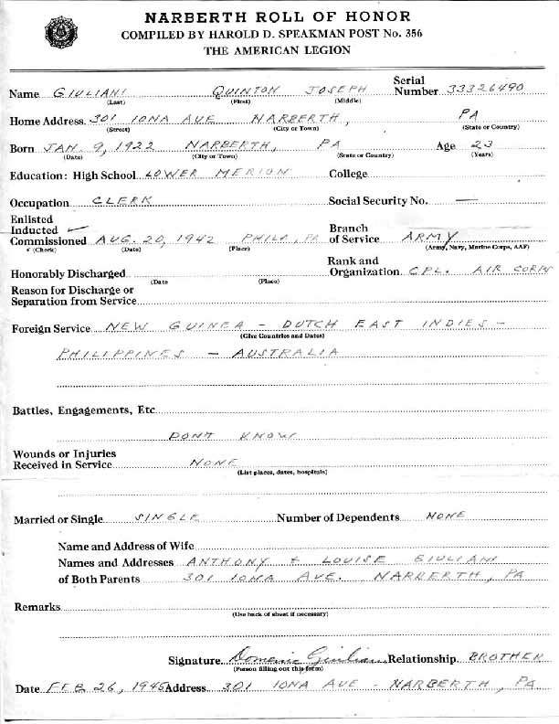 Roll of honor form for Quinton Giuliani