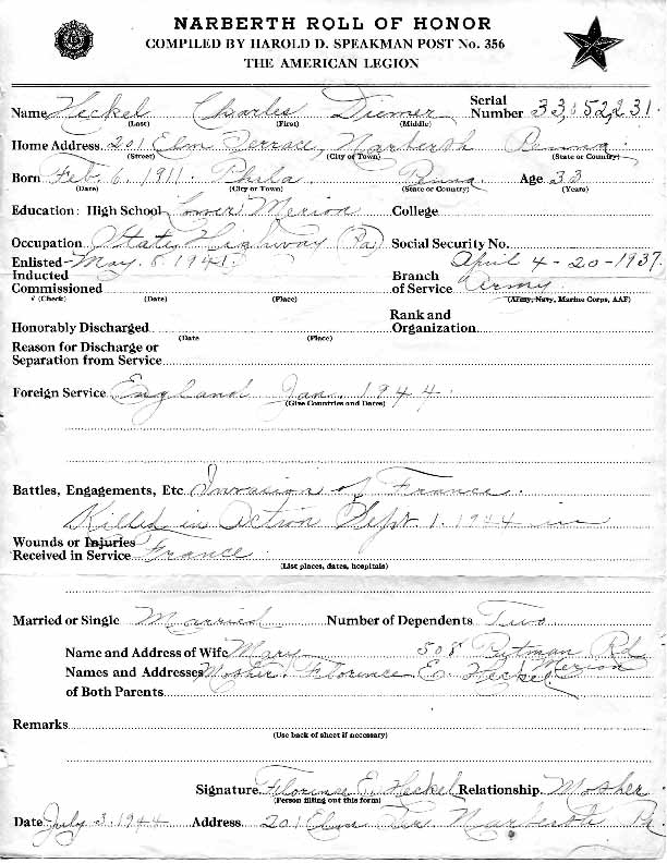Roll of honor form for Charles Heckel, front