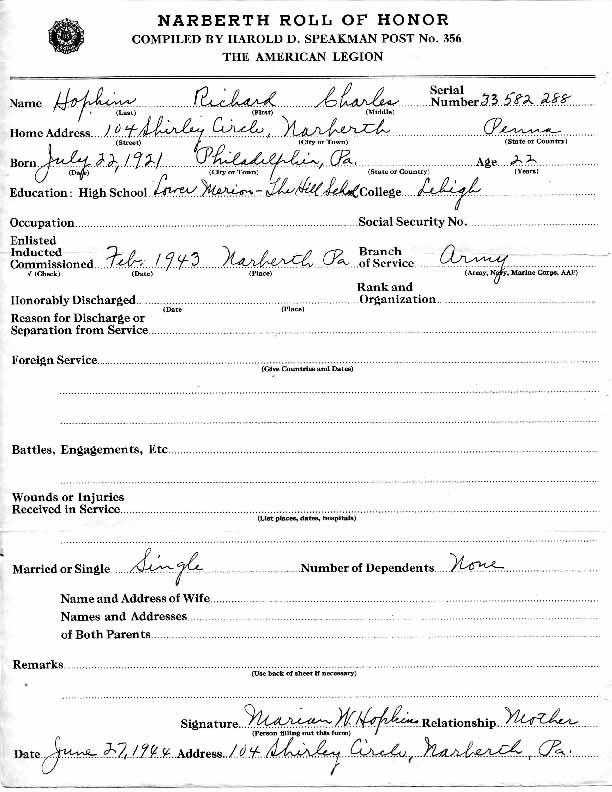 Roll of honor form for Richard Hopkins
