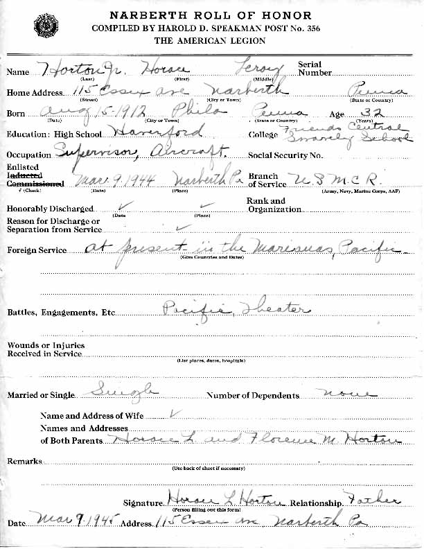 Roll of honor form for Horace Horton