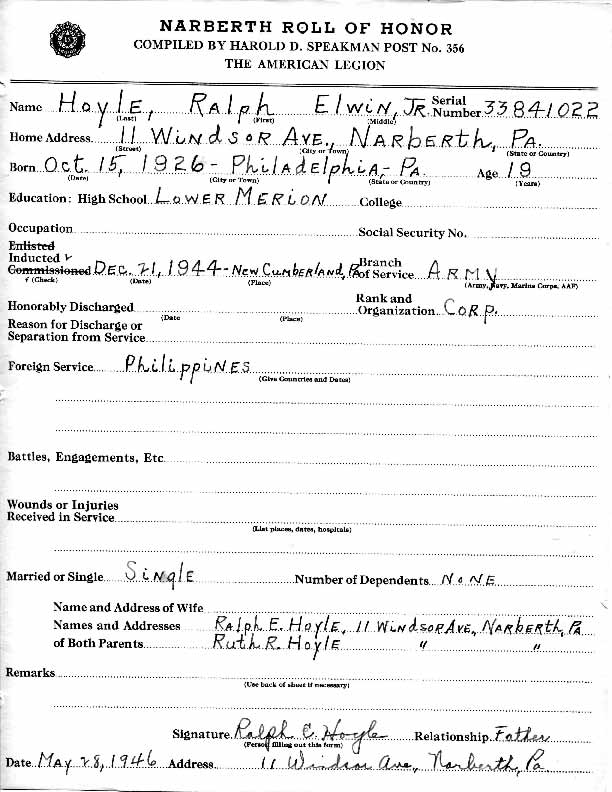 Roll of honor form for Ralph Hoyle