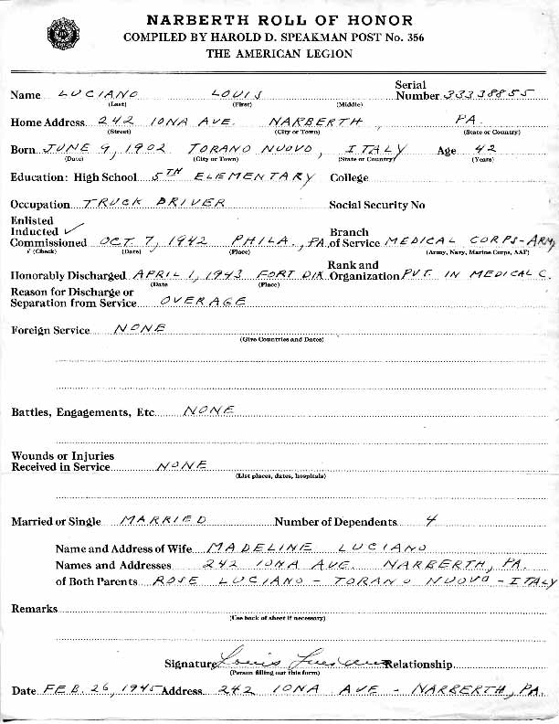 Roll of honor form for Louis Luciano