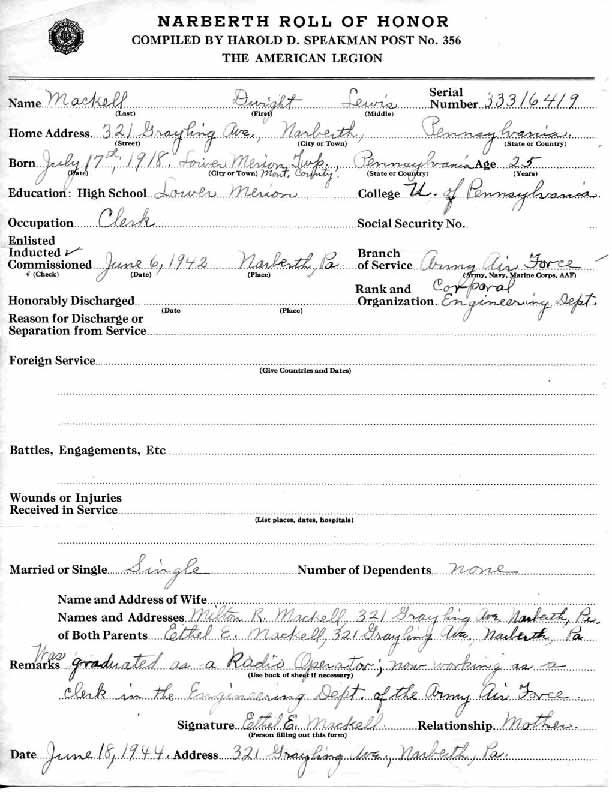 Roll of honor form for Dwight Mackell