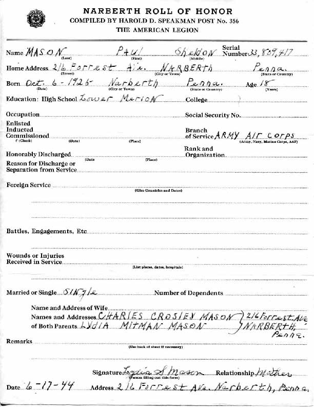 Roll of honor form for Paul Mason
