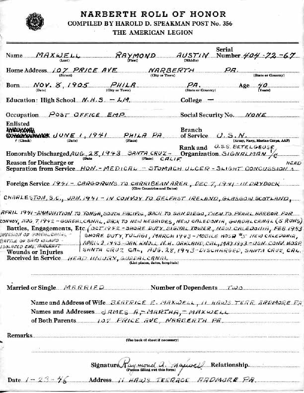 Roll of honor form for Raymond Maxwell