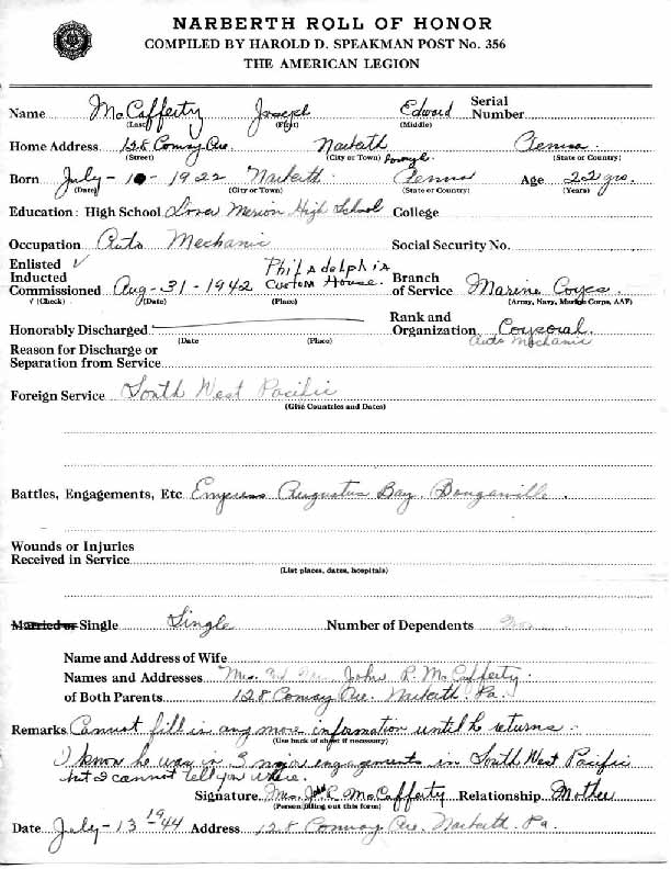 Roll of honor form for Joseph McCafferty