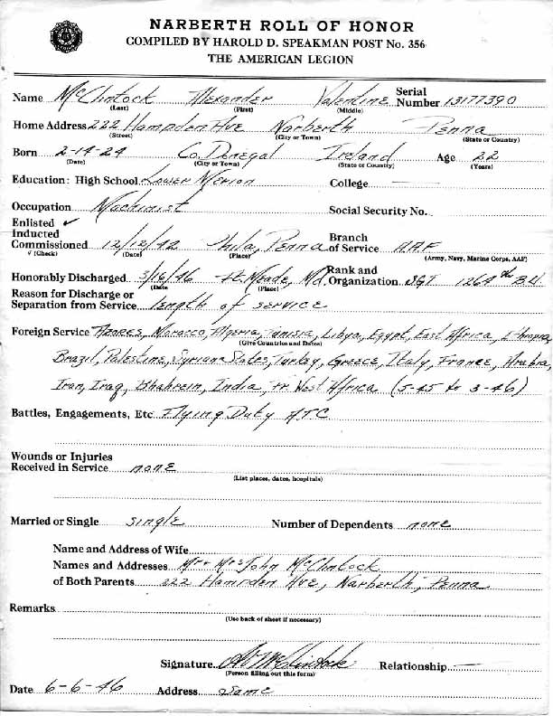 Roll of honor form for Alexander McClintock, back of sheet