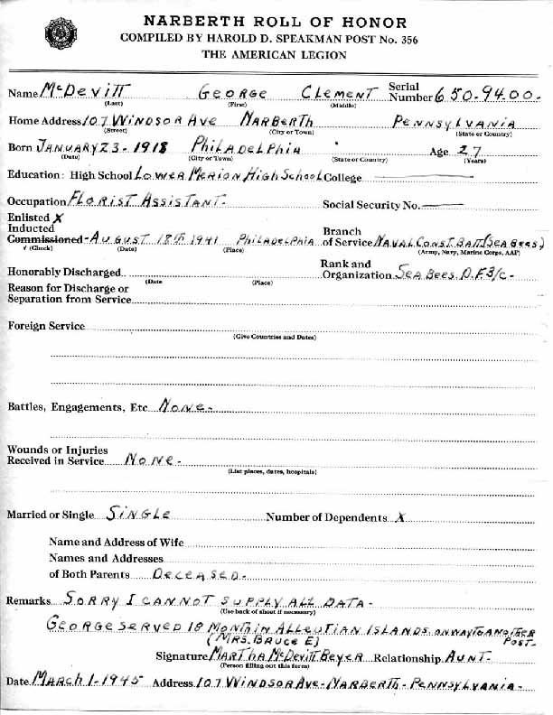 Roll of honor form for George McDevitt