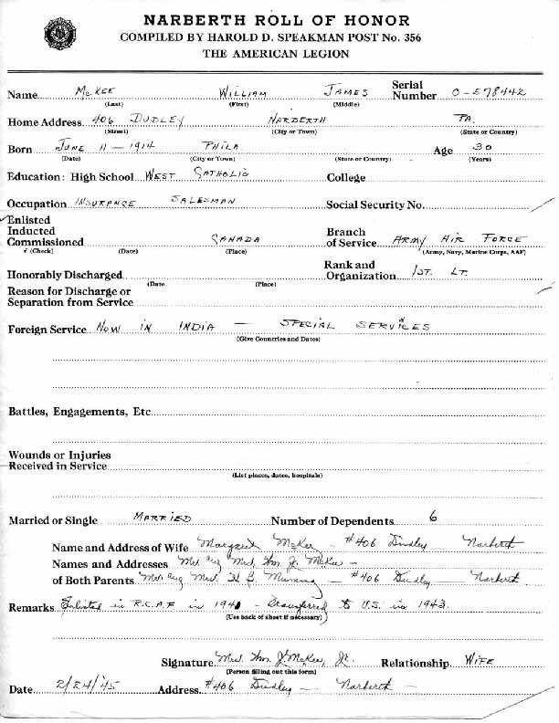 Roll of honor form for William McKee