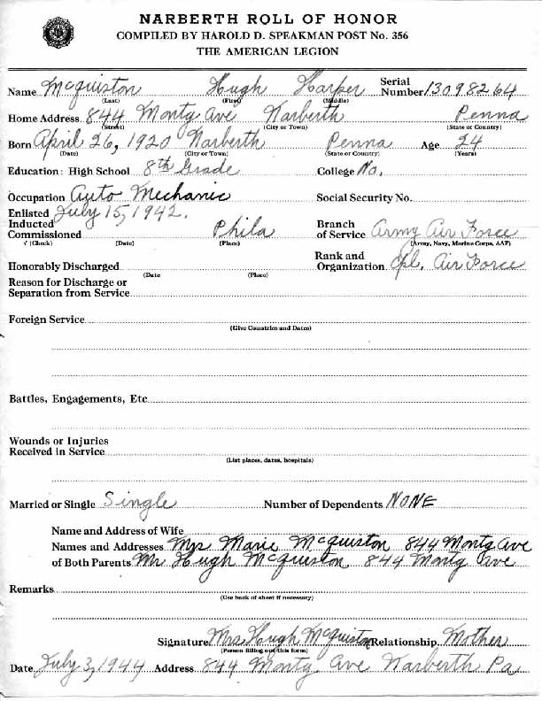 Roll of honor form for Hugh McQuiston