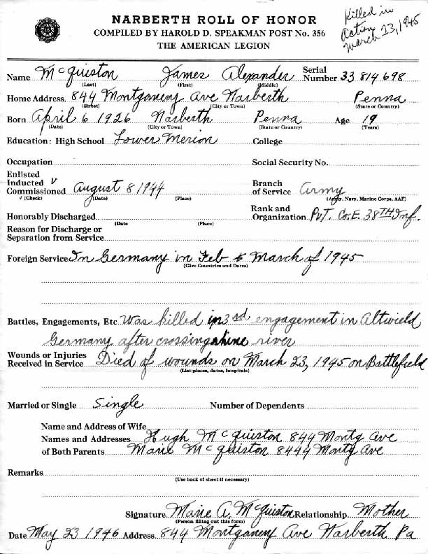 Roll of honor form for James McQuiston