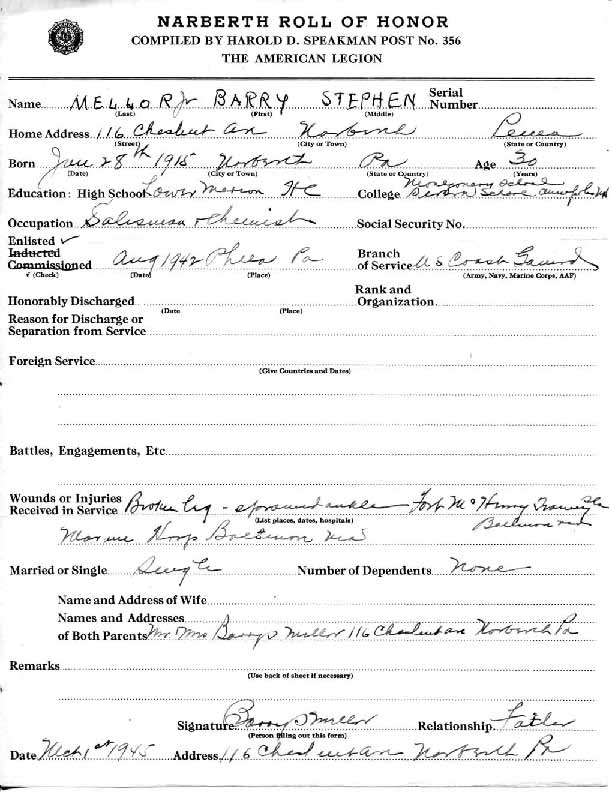 Roll of honor form for Barry Mellor