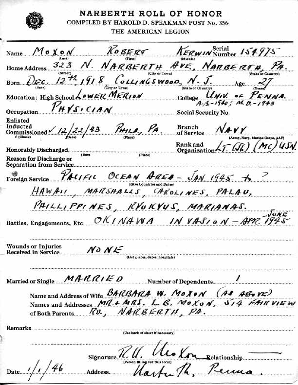Roll of honor form for Robert Moxon