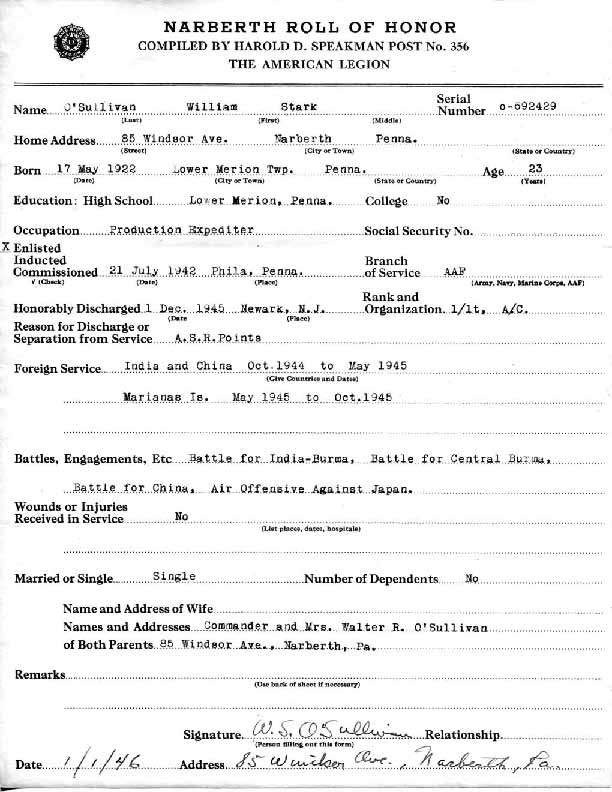 Roll of honor form for William O'Sullivan