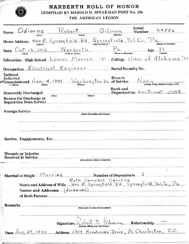 Roll of honor form for Robert Odiorne
