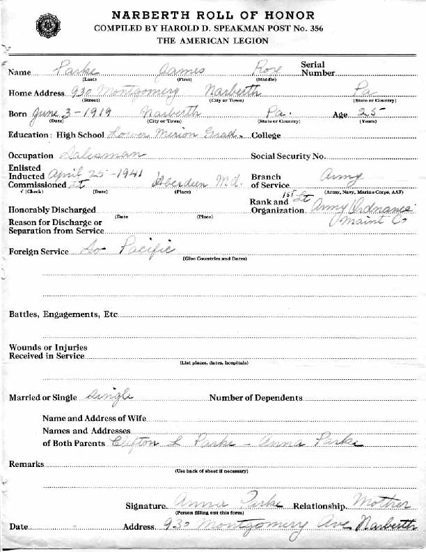 Roll of honor form for James Parke
