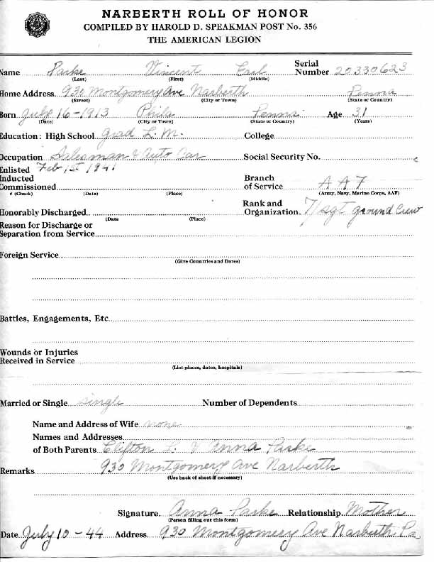 Roll of honor form for Vincent Parke
