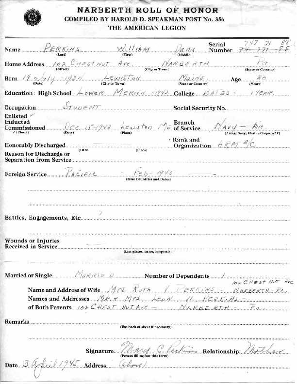 Roll of honor form for William Perkins