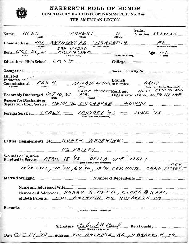 Roll of honor form for Robert Reed