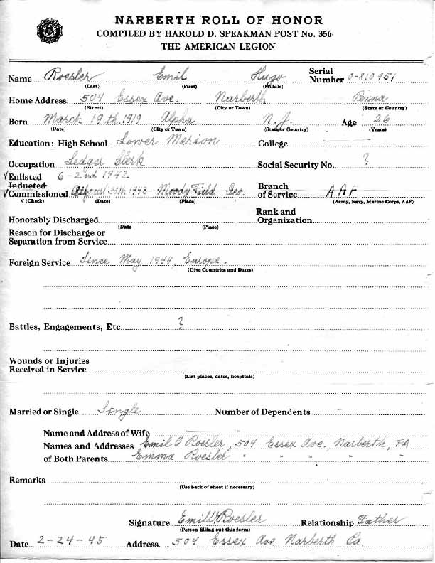 Roll of honor form for Emil Roesler, front