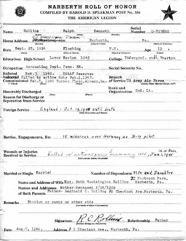 Roll of honor form for Ralph Rollins, front