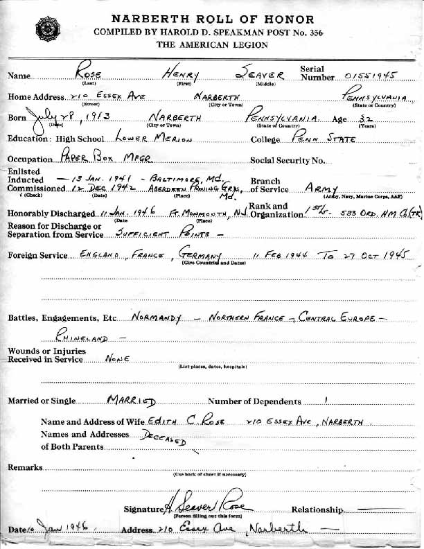 Roll of honor form for Henry Rose