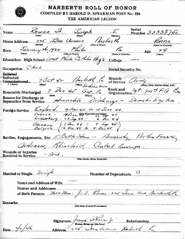 Roll of honor form for Joseph Rowan