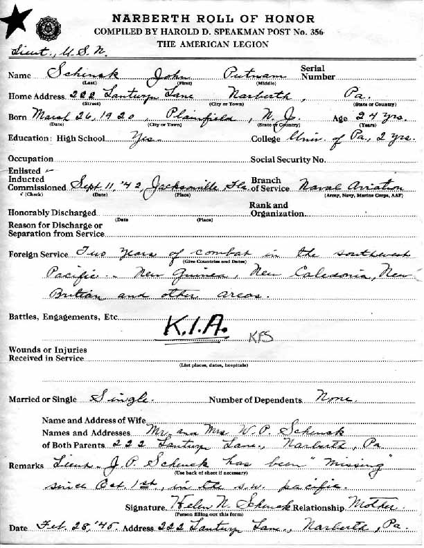 Roll of honor form for John Schenck