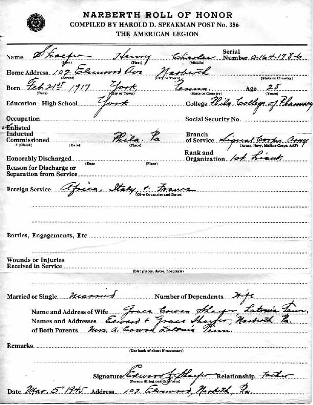 Roll of honor form for Henry Shaefer