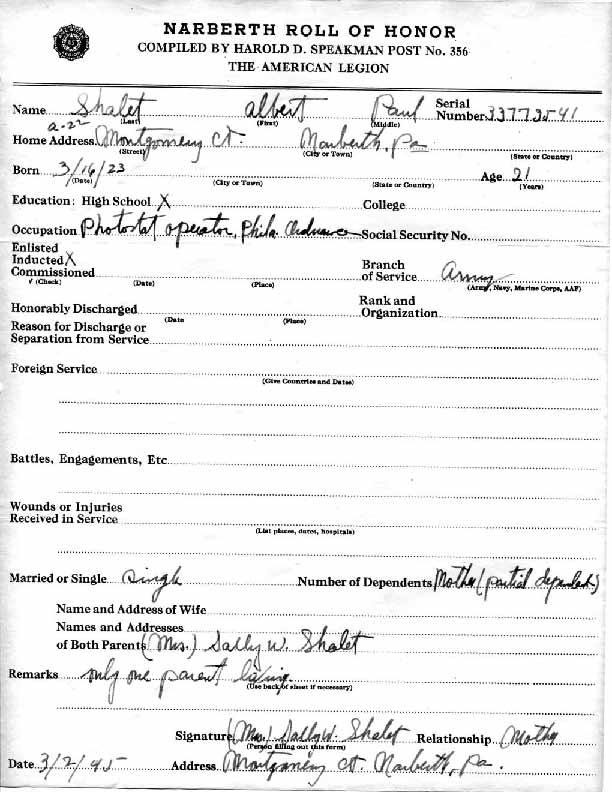 Roll of honor form for Albert Shalet
