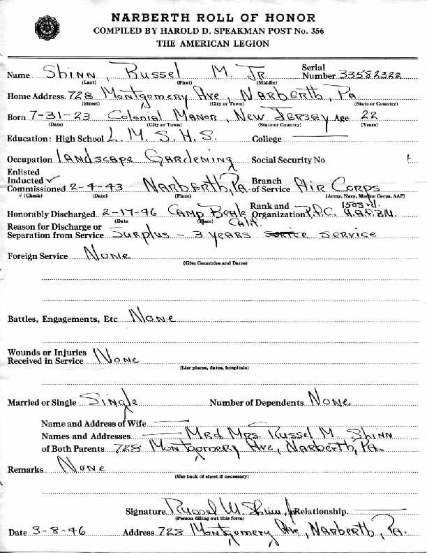 Roll of honor form for Russel Shinn