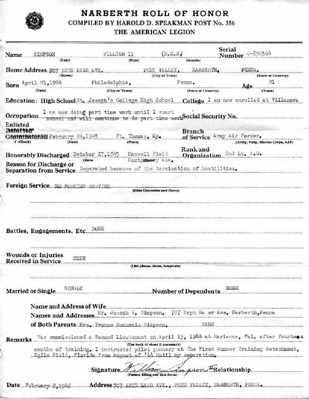 Roll of honor form for William Simpson