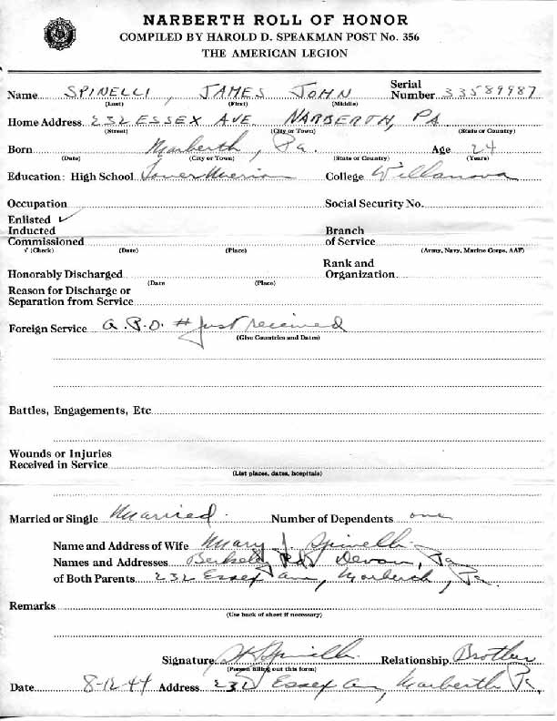 Roll of honor form for James Spinelli