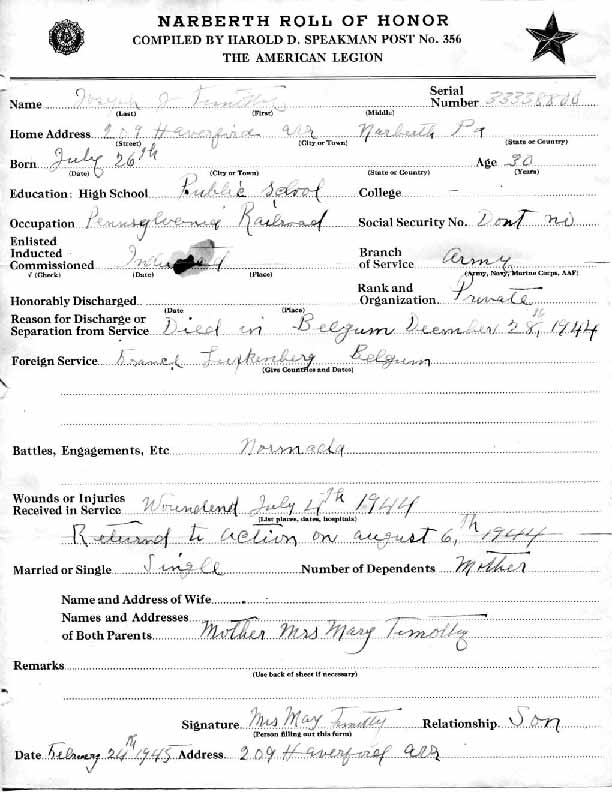 Roll of honor form for Joseph Timothy