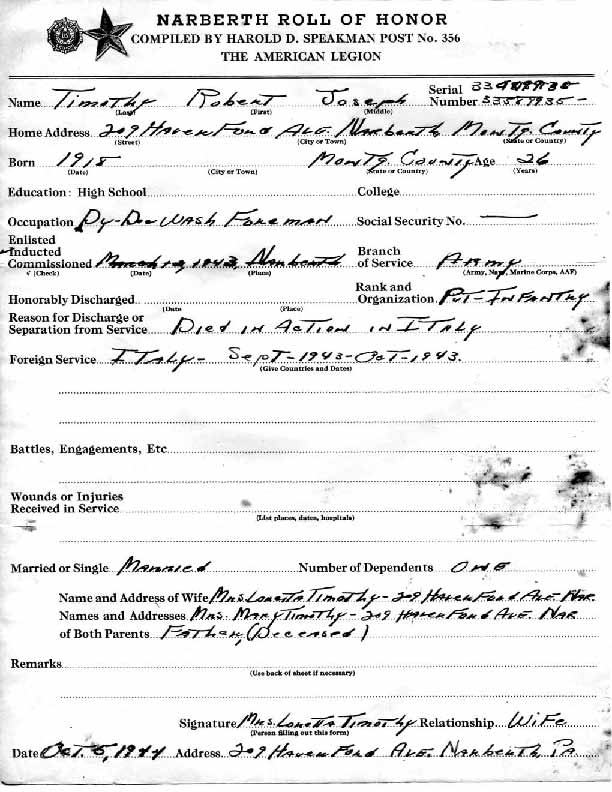 Roll of honor form for Robert Timothy