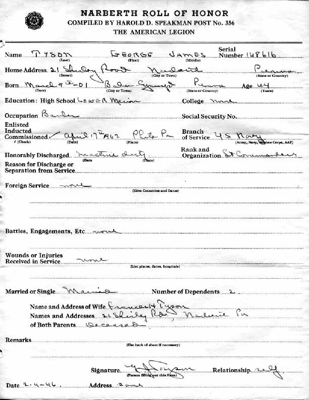 Roll of honor form for George Tyson