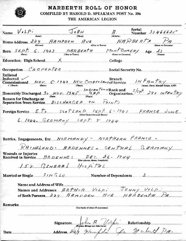 Roll of honor form for John Volpi