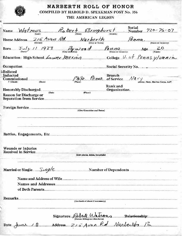 Roll of honor form for Robert Watrous