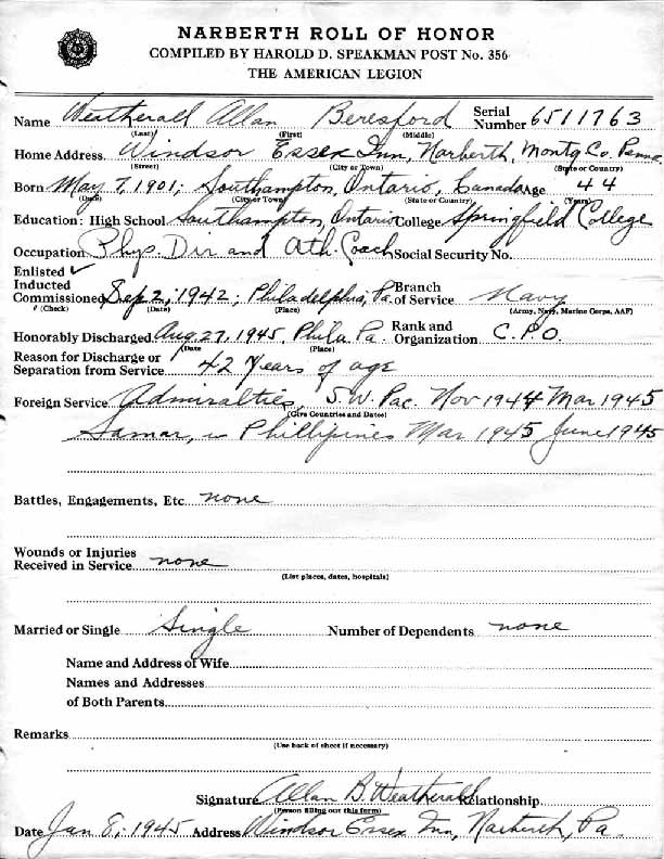 Roll of honor form for Allan Weatherall