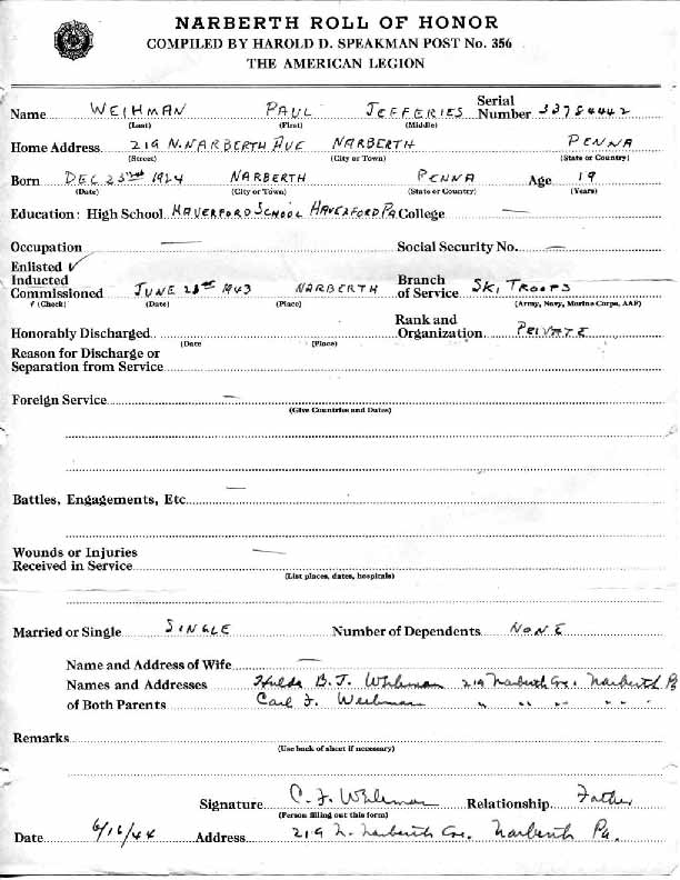 Roll of honor form for Paul Weihman